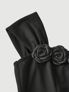 SHEIN MOD 红色3D立体花朵褶皱修身抹胸中长连衣裙，适合秋季婚礼宾客、返校节、新年、情人节等场合。 - 黑色 - 查看 5