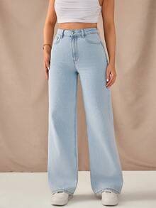 SHEIN Quần jean cạp cao, màu dâu tây, giặt nhẹ, có chi tiết thêu hình trái tim ở phía sau. - Rửa nhẹ - Xem 5