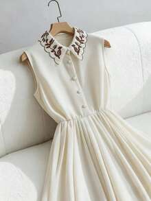 Franclia Women's Spring/Summer New Apricot Pearl Button Embroidered Collar Sleeveless Cinched Waist Casual Midi Dress, Suitable For Outing, Vacation, Holiday, Commute, Date, Afternoon Tea Elegant White Dress White Elegant Dress White Midi Dress Embroidered Collar Dress Sleeveless Midi Dress Pearl Dress Dress Spring Fashion Dress Dress Summer Cream Dress - Apricot - View 7