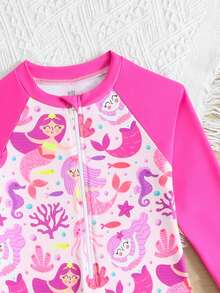 SHEIN Elladie kids 女童连体拉链美人鱼和海底世界印花长袖泳衣 - 玫紅色 - 查看 4