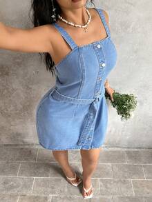 Sunnyshic Summer New Sleeveless Button-Up Denim Dress - Blue - View 1