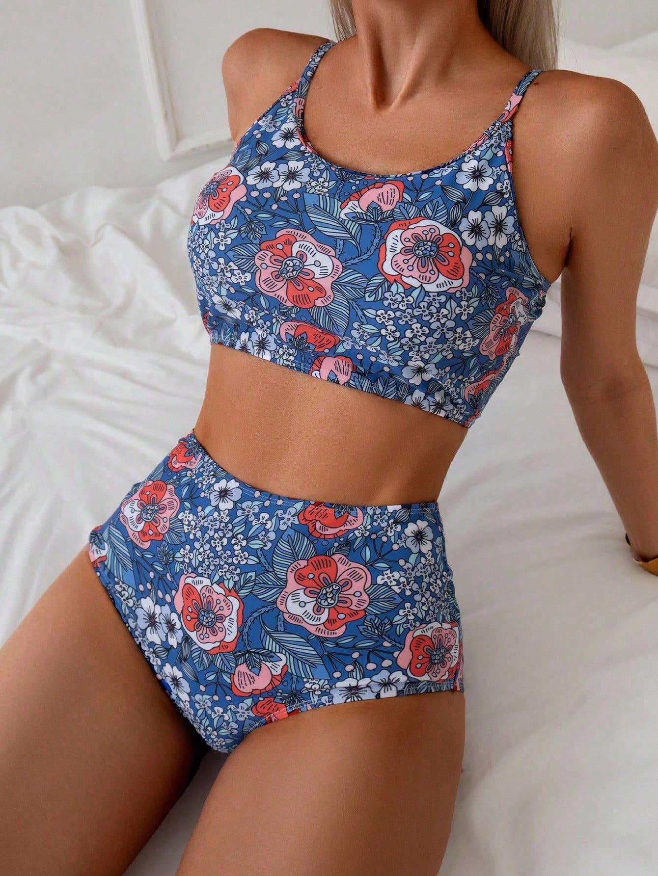 Swim Vcay Conjunto de Tankini Impresso Aleatório para Praia em Férias de Verão, Conjunto de Duas Peças, Maiô Bikini de Cintura Alta - Multicolorido - Visão 1