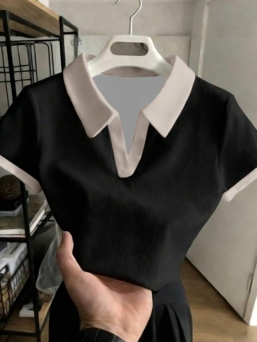 Teen Girl Contrast Trim Retro Classic Apricot Collared Waist Short Sleeve T-Shirt - Multicolor - View 1