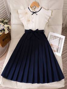 SHEIN Girls' Elegant Versatile Navy Blue And White Short Sleeve Dress,Ruffle Sleeve,Floral Decor,Bow Collar,Summer Party,Back-To-School Performance Dress - Navy Blue - View 7