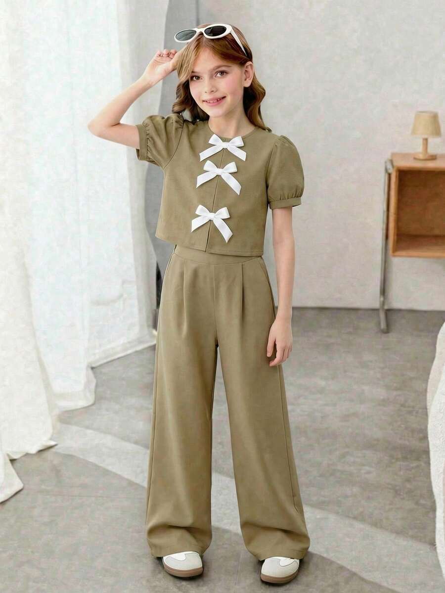 Tween Girls' Solid Color Pleated Wide Leg Loose Casual Pants