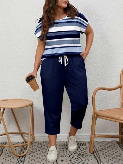 EMERY ROSE 蓝白条纹印花休闲宽松圆领短袖上衣和裤子两件套，适合夏季穿着