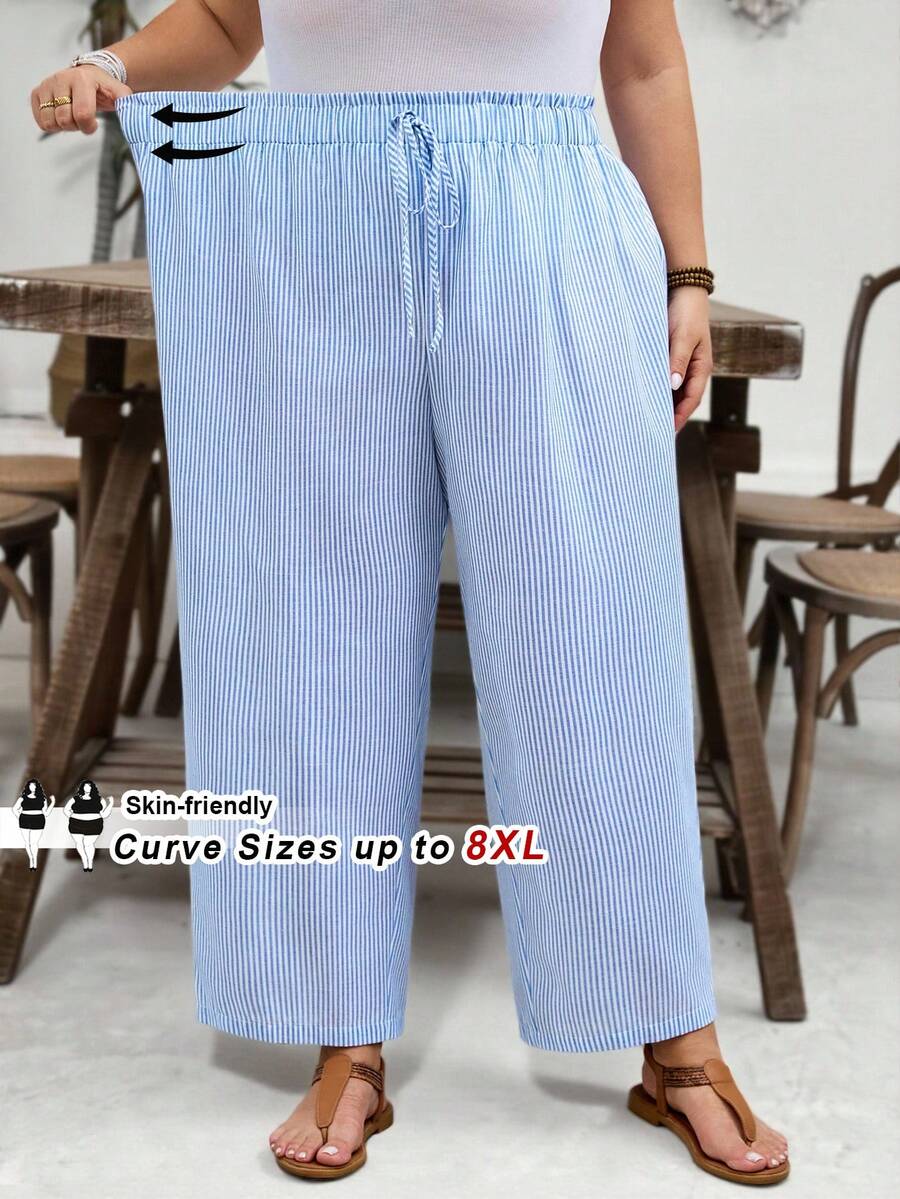 SHEIN CURVE+ Curve 尺码 US22 音乐节、海滨度假、波西米亚休闲纯色宽松长裤 夏季/乡村/海滩度假装/海滩装/沙滩服饰 - 藍白色 - 查看 1