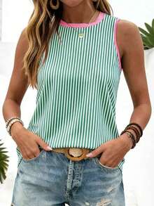 EMERY ROSE Blusa de mujer con estampado de bloques de color y rayas, cómoda camiseta de tirantes de cuello redondo, adecuada para uso diario en verano - Multicolor - Ver 5