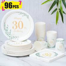 Bộ đồ dùng tiệc sinh nhật lần thứ 30 gồm đĩa, khăn ăn và cốc giấy dùng một lần họa tiết lá cây, phục vụ 24 khách. Bộ đồ dùng tiệc bằng giấy dùng một lần này phù hợp cho sinh nhật, đám cưới, tiệc theo chủ đề và dã ngoại gia đình. - Xem 1