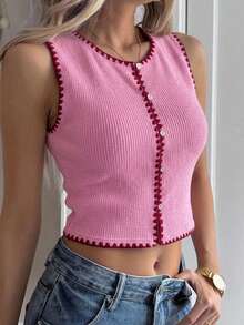 Livesso Women's Floral Trim Single-Breasted Round Neck Sleeveless Tank Top - Pink - View 3