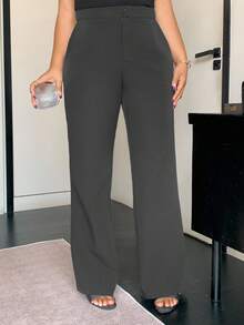 Dazy Plus Plus Size Solid Color Loose Straight-Leg Casual Black Long Pants, All Season Women Dress Pants Fall - Dark Grey - View 5