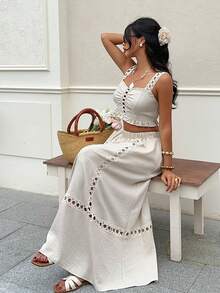 SHEIN Frenchy 2 Pieces Linen White Summer Boho Sexy Beach Golf Holiday Outfits For Women,Solid Guipure Lace Insert Ruched Ruffle Cami Top Skirt Set,Greece Vacation - Apricot - View 2