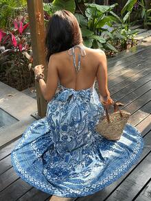 Sunnyshic Vestido Retrô com Estampa Floral Azul, Decote em V, Halter, Costas Abertas, Babado na Barra, Modelo Evasê, Vestido Feminino Elegante, Casual e Versátil para Primavera/Verão, Férias e Praia, Estilo Boho - Azul - Visão 8