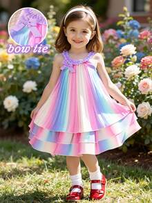 SHEIN Đầm ombre nhiều màu sắc mới cho bé gái, đầm xếp ly ombre bằng vải dệt, đầm 3 lớp màu hồng trơn trang trí nơ phía trước, phù hợp cho bé gái, dễ thương, thanh lịch, thời trang thường ngày, thích hợp cho đi học, đi chơi, nghỉ lễ, mùa xuân/hè. - hồng tím - Xem 10
