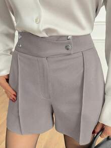 EURMUSE Women Solid Color Button Detailed Shorts - Beige - View 5
