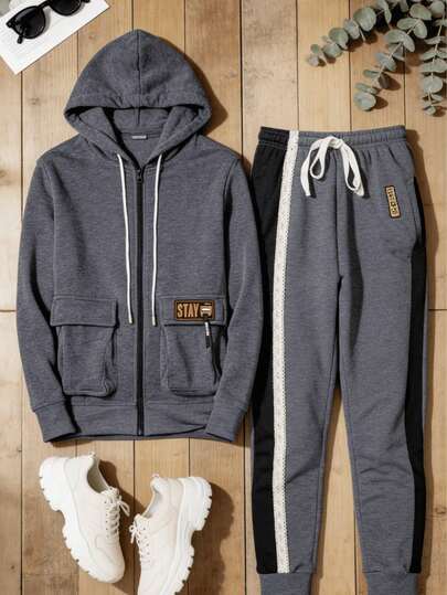 Conjunto de 2 piezas para mujer, sudadera holgada de color liso para otoño e invierno + pantalones con cintura elástica y cordón, moda casual y versátil.