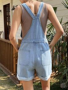 Livesso Women's Casual Solid Color Waist Cinched Short Denim Jumpsuit, Blue Summer - Blue - View 2
