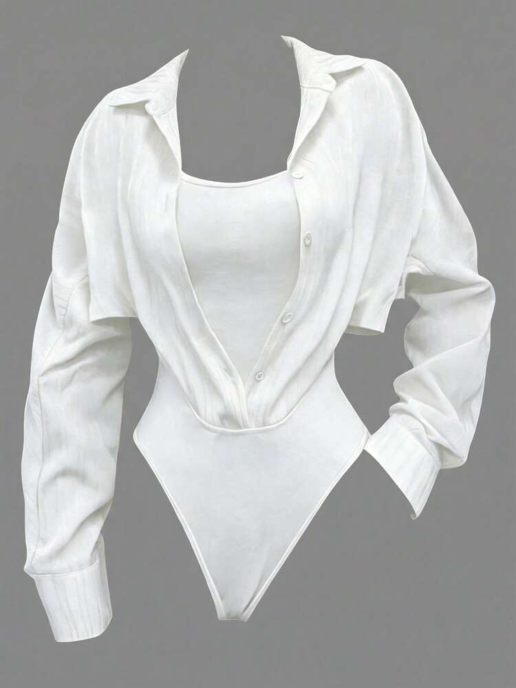 Franclia Bodysuit Feminino de Manga Longa Casual - Branco - Visão 1