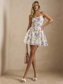 Enchnt 优雅印花吊带迷你连衣裙，适合夏季 - 米色 - 查看 4