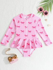 Sparklyn 适合海滩度假的少女条纹蝴蝶结印花连体泳衣 - 玫紅色 - 查看 3