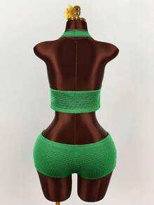 Amplova Deep V-Neck Halter Tie-Up Super Low Waist Striped Mini Shorts 2 Pieces Set - Green - View 2