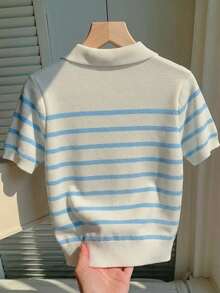 CovetEZ 女士藏蓝色针织套头衫，饰有刺绣小熊图案，学院风品牌针织上衣；可爱小熊图案印花Polo衫，适合春夏穿着，藏蓝色，适合夏季、度假、返校、毕业季、学院风、休闲装 - 彩色 - 查看 2