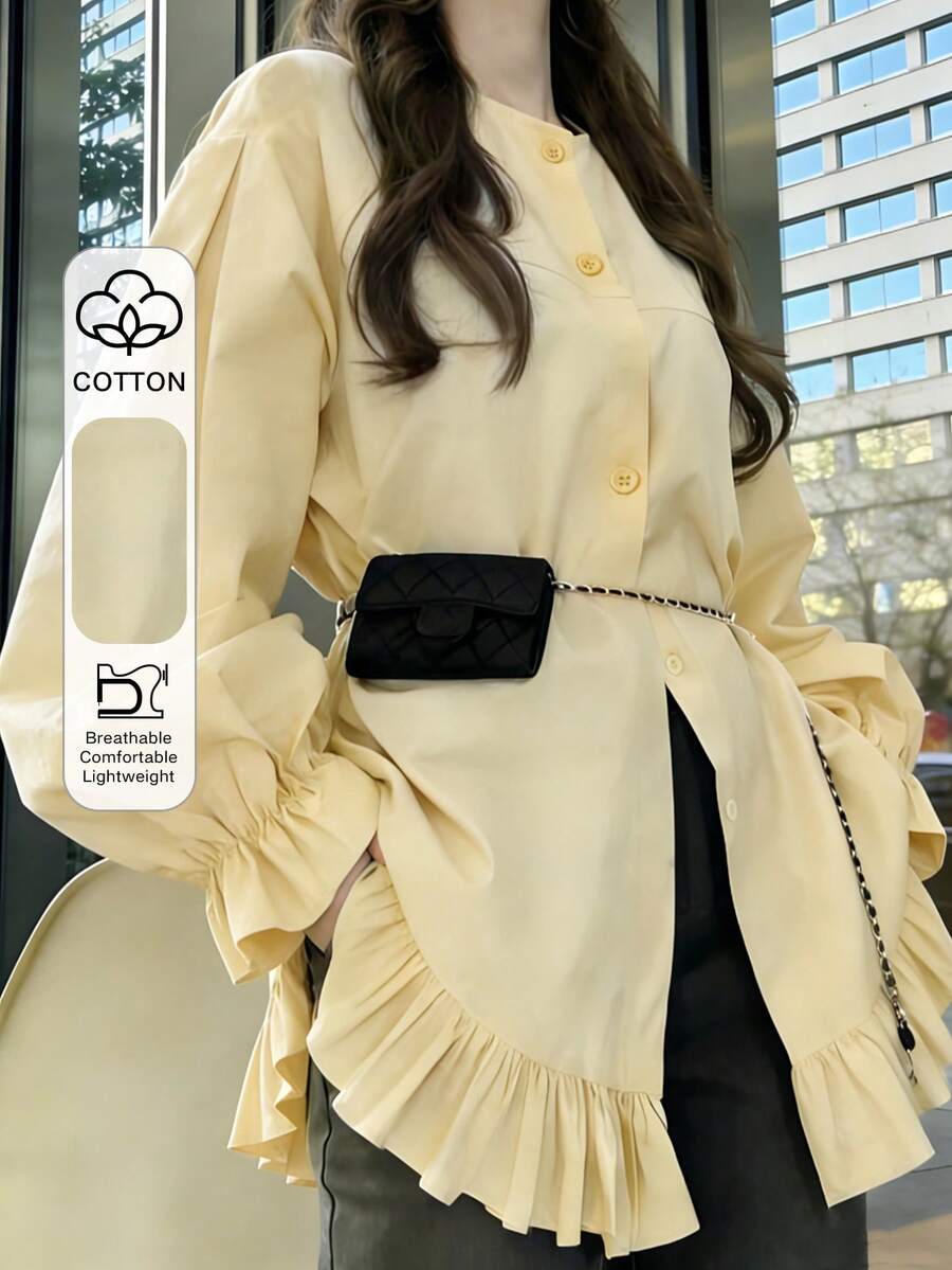 FRIFUL Women's Casual/Office Commute Solid Color Ruffle Sleeve Single-Breasted Shirt, Excluding Waist Bag - Yellow - View 1