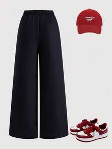 SHEIN 百搭宽松蝴蝶结印花休闲裤，适合青少年女孩日常穿着、通勤、休闲、度假、朋友聚会、街头摄影等场合。 - 紅色 - 查看 2