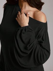 Hauture Women's 2 Pieces Set Off Shoulder Semi Sheer Knit Loose Top With Flare Maxi Pant - Black - View 6