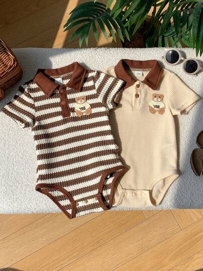 SHEIN Bộ đồ liền thân tay ngắn cổ bẻ phối màu tương phản dễ thương cho bé sơ sinh unisex, thích hợp mặc mùa xuân/hè.