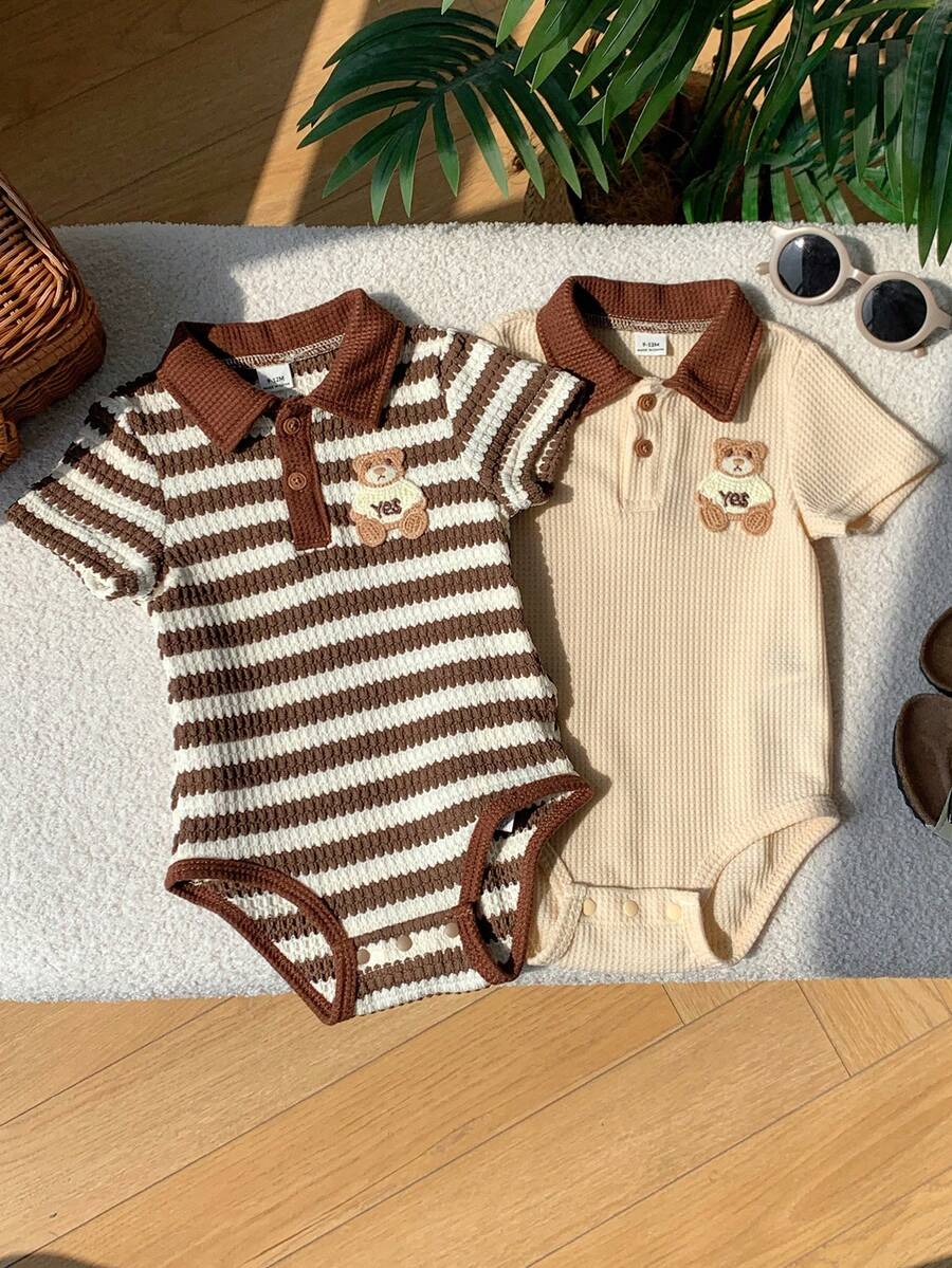 SHEIN Bộ đồ liền thân tay ngắn cổ bẻ phối màu tương phản dễ thương cho bé sơ sinh unisex, thích hợp mặc mùa xuân/hè. - Màu Khaki - Xem 1