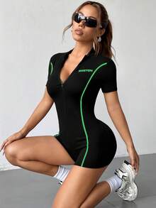 SHEIN Unity 女士字母印花立领休闲日常运动紧身连体衣 - 黑色 - 查看 6