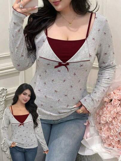 Feyla Camiseta casual de manga larga con estampado de moño para mujer de talla grande