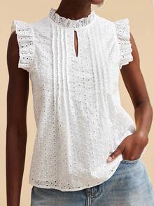 Travachic Woven Embroidered Mesh Elegant Sexy Casual Top For Women Golf White Summer - White - View 1