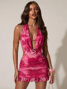 SHEIN BAE Women's Casual Vacation Sexy Halter Plunging Neck Backless Built-In Triangle Cup Paired With Ruffle Hem Mini Dress, Suitable For Beach Vacation, Sisters' Outing, Romantic Vacation, Sexy Bodycon Dress, Floral Print Fuchsia Dress, Music Festival - Hot Pink - View 5