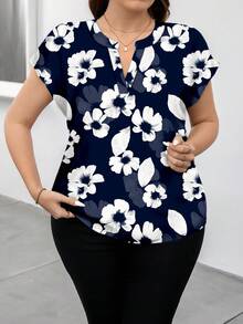 Reflora Plus Size Casual Floral Print Notch Collar Shirt - Navy Blue - View 5