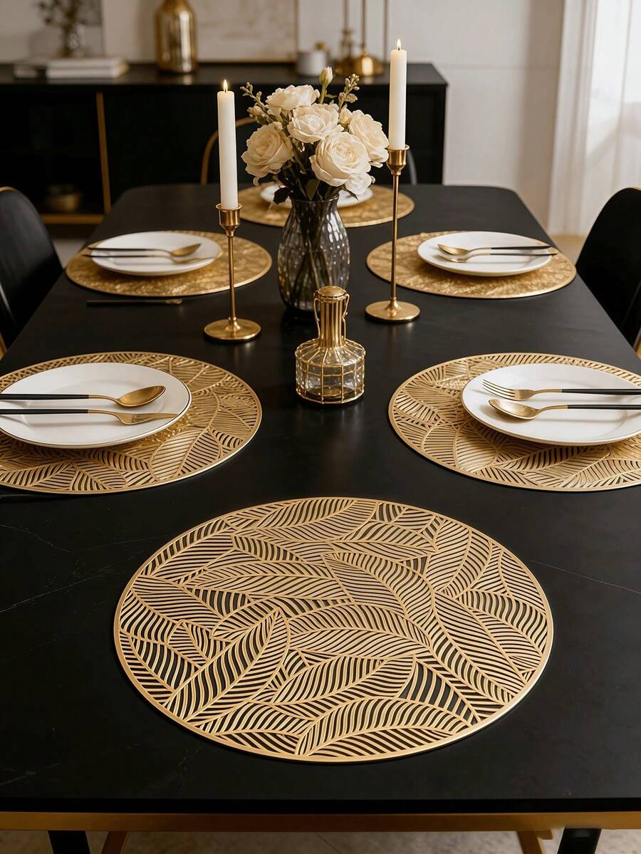 1-8pcs Simple Gold PVC Placemats, Washable, Easy To Clean, Wipe-Clean, Non-Slip, Dining Table Mats, Sweet Reverie, Elegant Placemats, Tabletop Setting, Kitchen Dining Mat, Holiday Wedding Decor - Multicolor - View 1