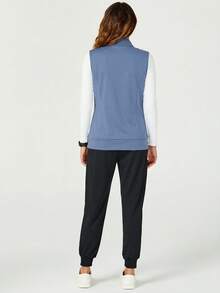 TaskEZ Solid Color Zipper Front Sleeveless Casual Scrub Uniform Jacket - Blue - View 2