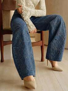 Anewsta 春夏蓝色独特刺绣阔腿喇叭牛仔裤，高腰宽松筒状修身喇叭裤，女士款 - 藍色 - 查看 4