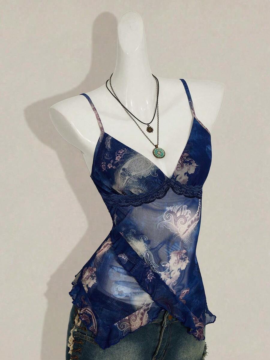 SHEIN ICON Áo hai dây nữ đi nghỉ mát in hoa điều, dây bèo nhún, thích hợp cho ngày Quốc khánh 4 tháng 7, áo mùa hè dễ thương để đi chơi. - Màu xanh lam - Xem 1