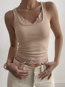 DAZY Áo hai dây dáng ôm màu mơ, kiểu dáng thường ngày, phối ren, thích hợp cho nữ, phù hợp cho mùa xuân, hè, đám cưới, tiệc tùng, ngày Valentine. - Màu be - Xem 2