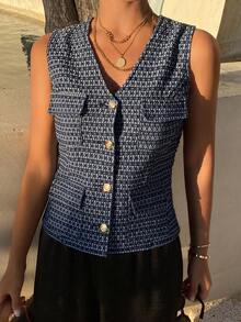Livesso Ropa casual de oficina con textura de cuadros para primavera y verano, elegante chaleco de mezclilla azul desgastado con cintura ceñida de moda retro, adecuado para el Día de San Valentín, bodas, vacaciones - Azul - Ver 8