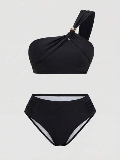 Sweetra Nuovo costume da bagno a due pezzi verde arricciato con spalla scoperta per taglie forti, slip a triangolo arricciato in vita alta