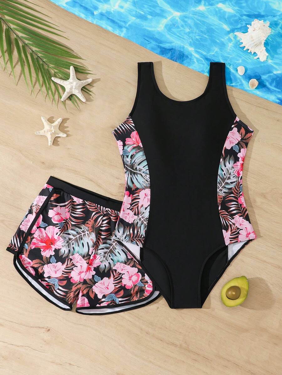 SHEIN 1件少女碎花拼接连体泳衣,配运动短裤,时尚休闲优雅泳装,适合游泳、度假、夏季穿着(印花图案可能有所不同) - 黑色 - 查看 1