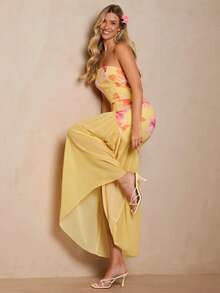 Enchnt Spring/Summer Romantic Women's Yellow Floral Print Strapless Maxi Dress,Sweet&Elegant For Vacation&Date&Holiday&Going Out,Spring Outfit Women - Yellow - View 6