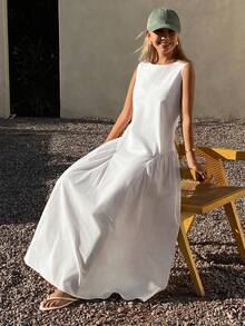 DAZY Vestido de mujer con cuello redondo, sin mangas, diseño de abertura en la cintura y ajuste en la cintura, estilo vacacional - Blanco - Ver 5