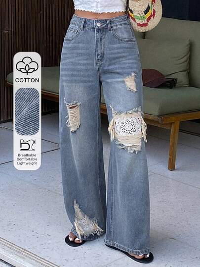 DAZY سراويل جينز نسائية بخصر عادي ممزقة مرقعة بالدانتيل، قصة واسعة وساق مستقيمة، طراز كاجوال للشارع