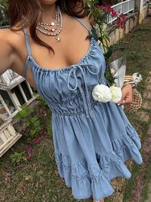 Sunnyshic Đầm denim nữ thắt nút, xếp ly, cổ yếm, hở lưng, thích hợp cho hẹn hò và tiệc tùng. - Màu xanh lam - Xem 5