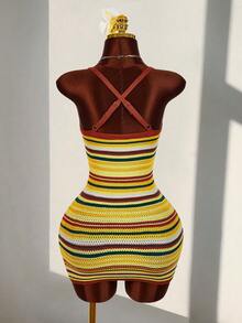 Amplova 女士条纹修身时尚针织吊带连衣裙 - 彩色 - 查看 7