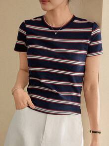 Dazy-Less Camiseta de mujer de manga corta, cuello redondo, ajustada y de color liso para el verano - Azul Marino - Ver 3